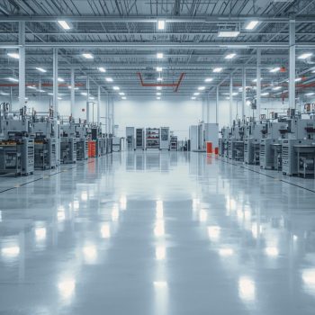 Grand atelier industriel propre et bien éclairé, présentant des rangées de machines alignées et un plancher lustré illustrant un entretien ménager industriel conforme.