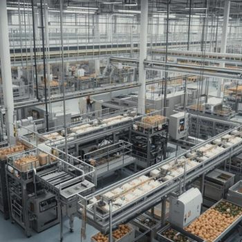 Chaîne de production alimentaire automatisée avec passerelles en hauteur, illustrant l’importance du nettoyage industriel pour prévenir accumulation et contamination.